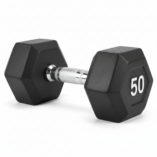Rubber Encased Hex Dumbbell, 50Lbs, Single